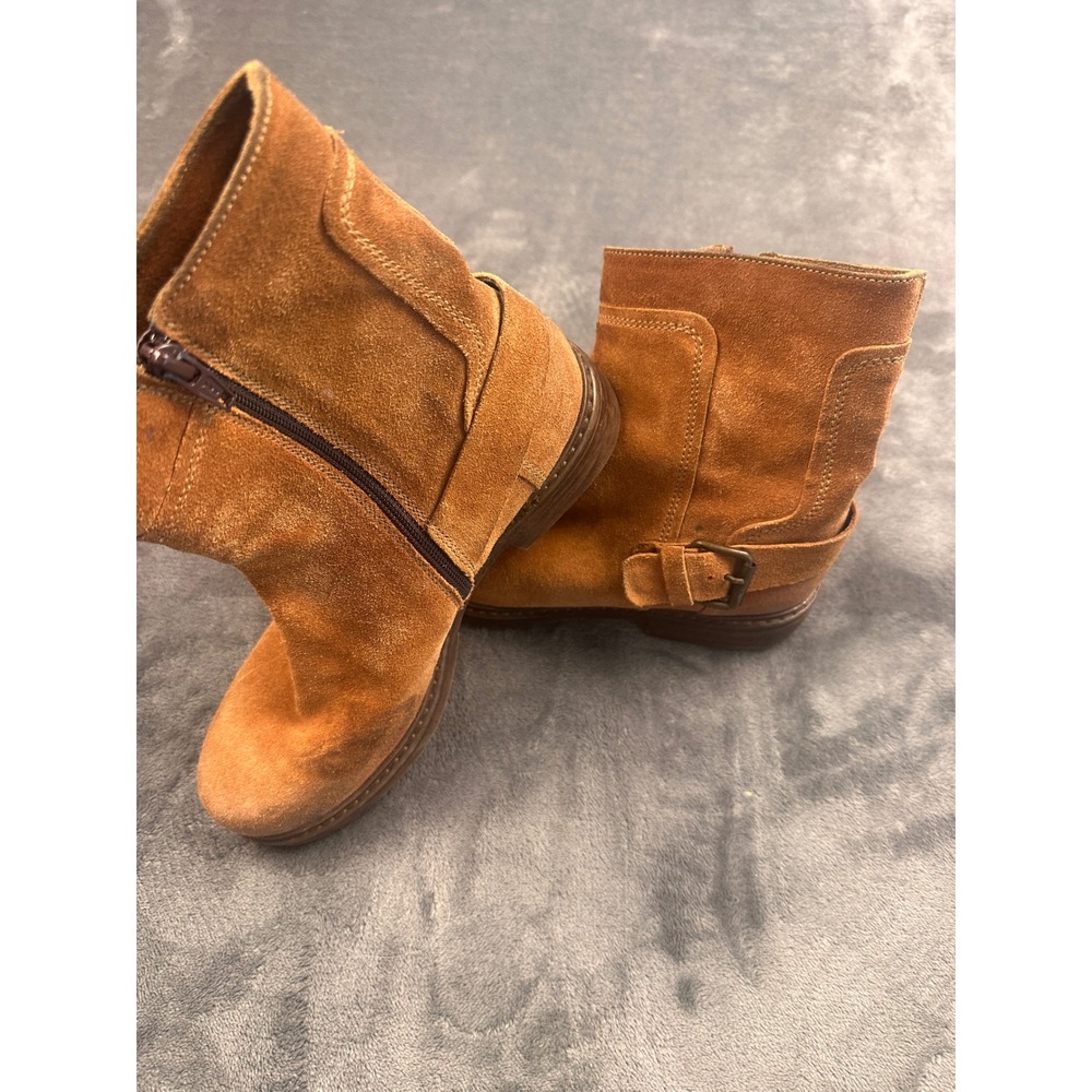 Manas Cognac Suede Ankle Boots Buckle Detail Side Zip Brown Italian Made Size 38